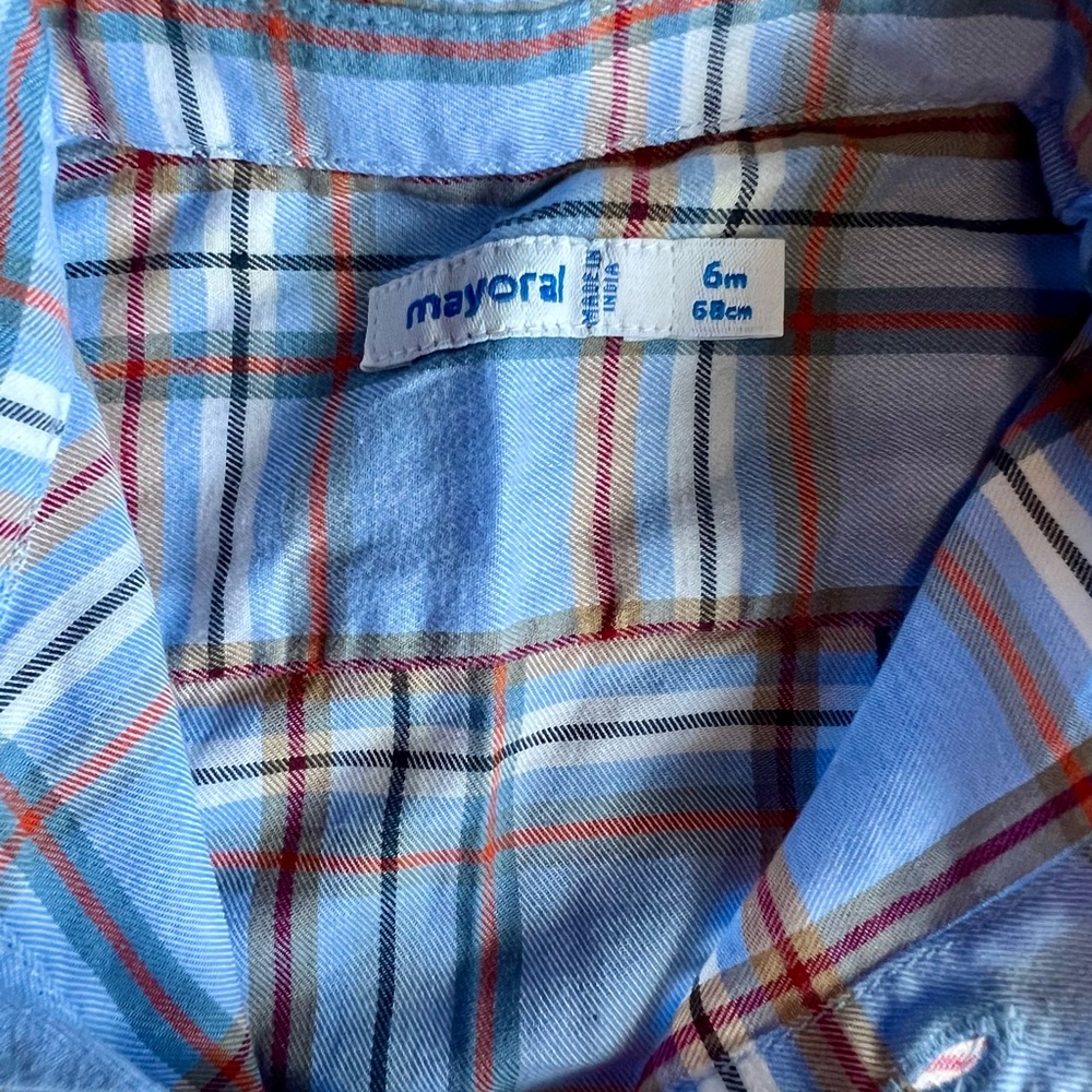 Mayoral Blue and Brown Plaid Button Down Shirt 6 months - Picture 2 of 2